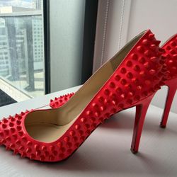 Christian Louboutin Neon Orange Spike Pumps Heels EU 38.5 US 8