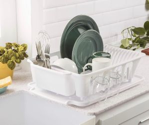 STERILITE 2-Piece Large Sink Set Dish Rack Drainer, White (18 L x 13 3/4" W x 5 1/2" H), 3/4" L x 3/4" W x