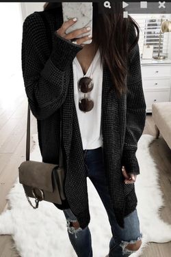 Long Open Cardigan In Black Checked Knit