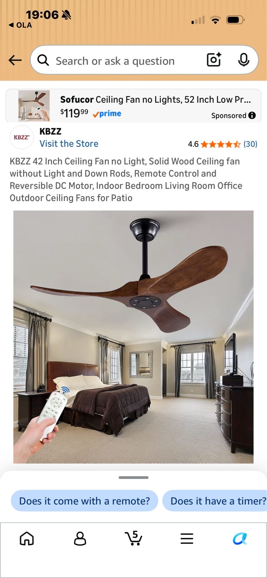 42 Inch Ceiling Fan Unlit, Solid Wood Ceiling Fan Unlit, with Remote Control, Reversible DC Motor, Indoor Bedroom Living Room Office Outdoor Patio Cei
