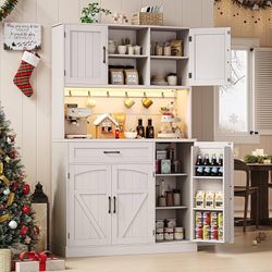 71" Pantry Cabinet, Kitchen Pantry Storage Cabinet with LED Light & Outlet, Kitchen Hutch with Microwave Shelf & 6 Hooks, Door Shelves & Drawer & Adju