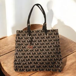 Michael Kors Authentic  Black and Tan Logo Tote 15x13" 