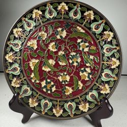Antique Chinese 1900s Copper Bodied Enamel Painted Decorative Plate 