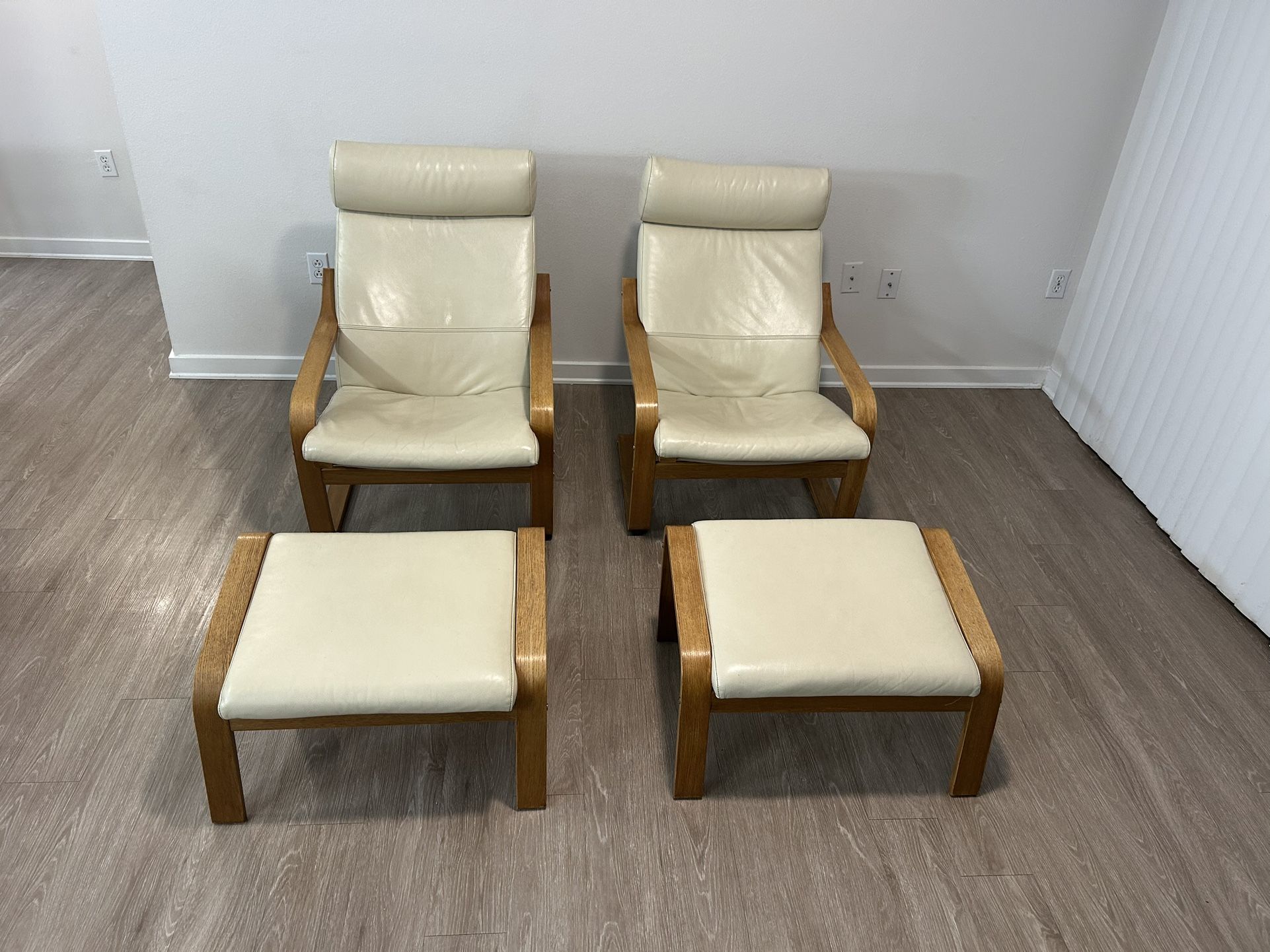2 IKEA POÄNG Chairs with Ottomans – White Leather – Set of 2