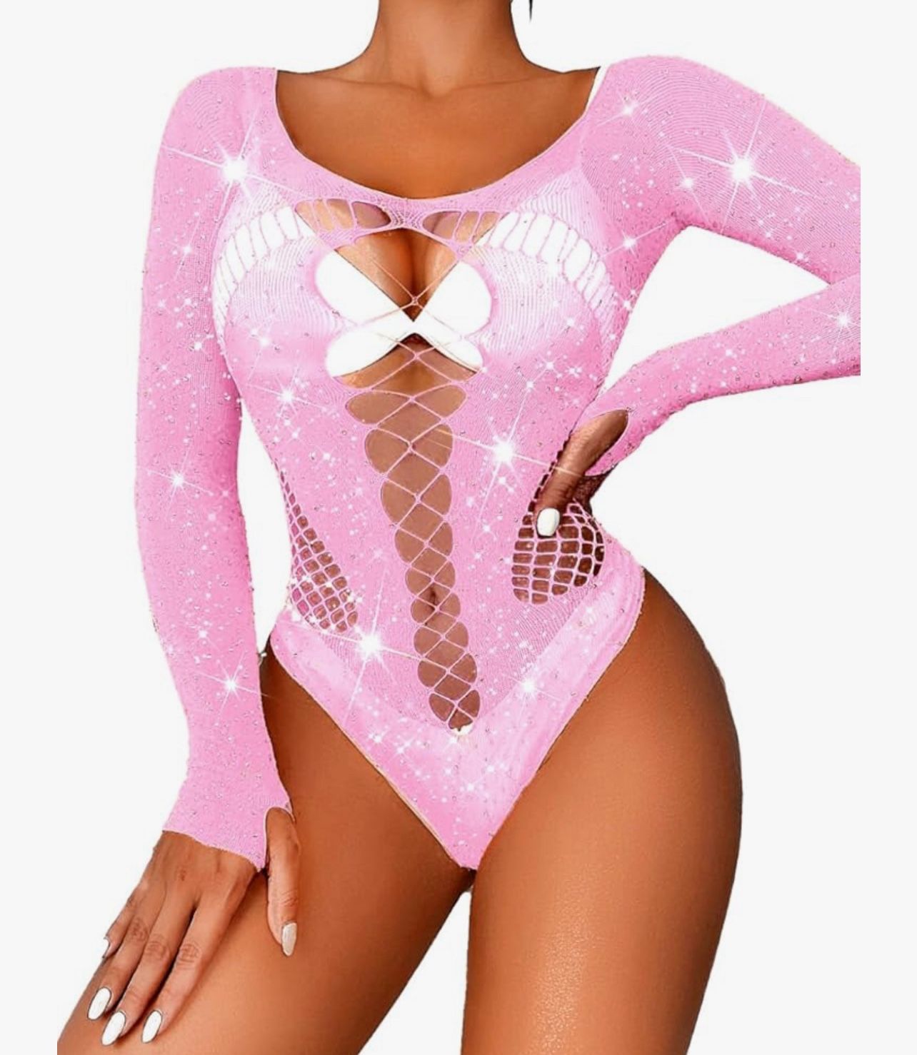 Light Pink Rave Outfits , Rhinestone Bodysuit Fits 0-16, Exotic Dancer Sexy Tops, Fishnet Stripper Plus Size Lingerie