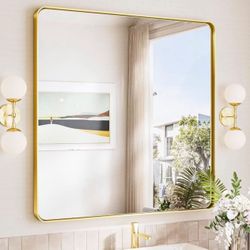 Gold Bathroom Mirror 36x36 Inch Gold Wall Mirror Brass Brushed Metal Frame Mirror Large Rounded Rectangle Mirror For Bathroom 