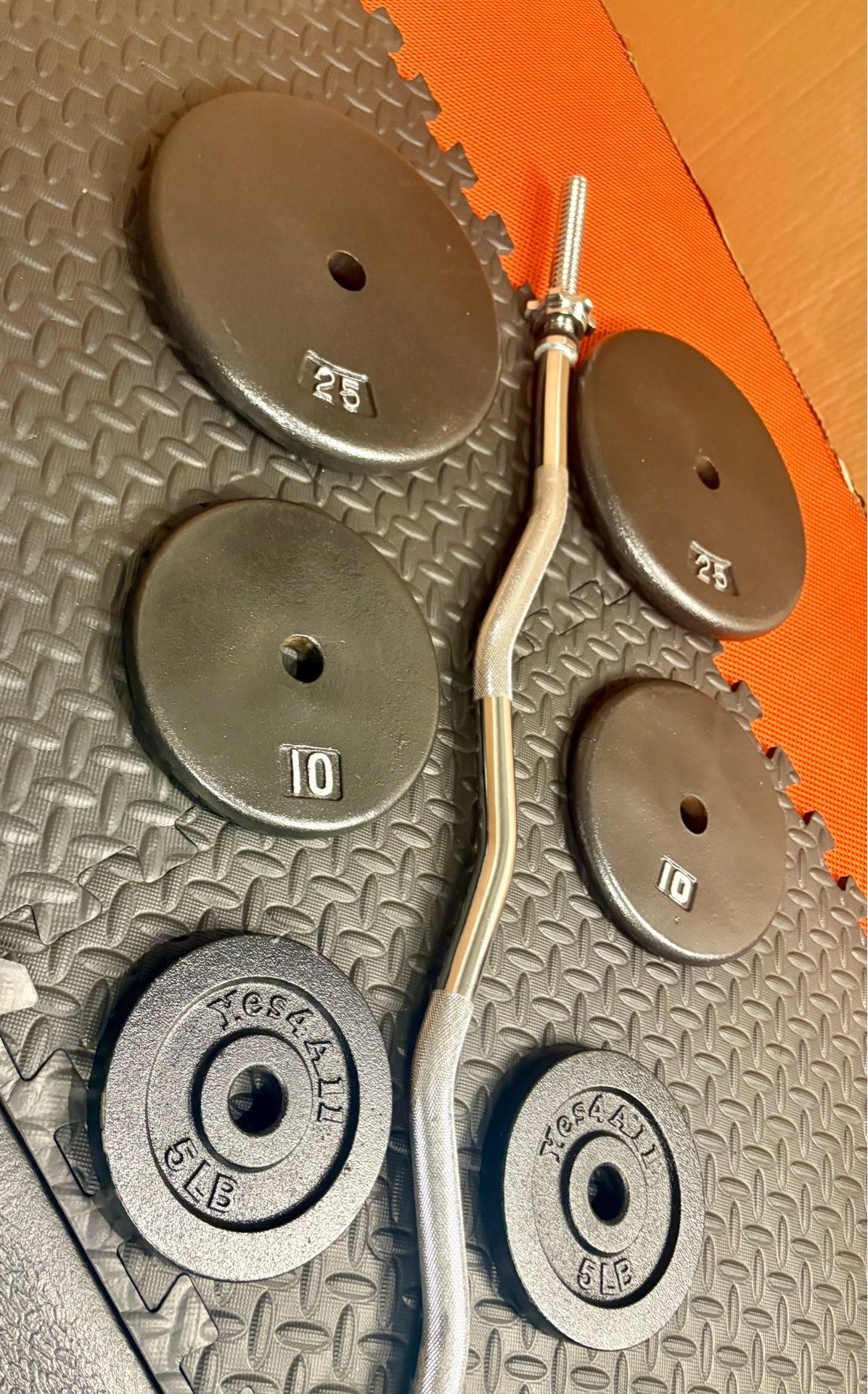 Steel Standard Curl Bar W/Weight Plates: 25s, 10s and 5s ponders. 94# Brute W.