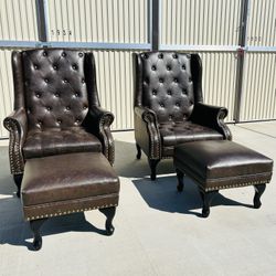 2 Dark Brown Marble Faux Leather High Back Chairs With 2 Foot Rest Ottomans 