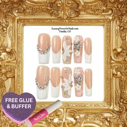 3D White French Tip Floral Gel & Acrylic Press On Nails - FREE GLUE & BUFFER