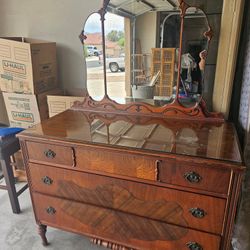 Stunning Antique Wood Dresser with Tri-Fold Vanity Mirror