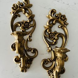 Set Of 2 Vintage 1971 Homco USA gold floral wall sconces/candle holders 15” tall x 5” wide. Both have metal hanger on the backs. 