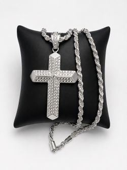 925 Sterling Silver Cubic Zirconia Cross Pendant Men’s Necklace Size 22”