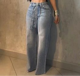 Women's Y2K Rhinestone High Waist Wide Leg Jeans - Gradient Washed Denim Pants with Crystal Belt, Hollow-Out Suitable for, Machine Washable Wide Leg