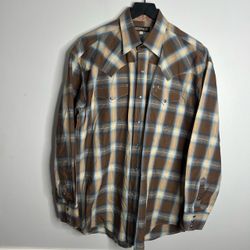 Stetson Sierra Plaid Pearl Snap Long Sleeve Cowboy Shirt Mens Large Brown Blue