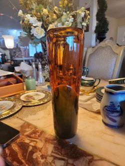 Murano Amber Art Glass Vase Hand Blown Bubbles 14" Heavyweight