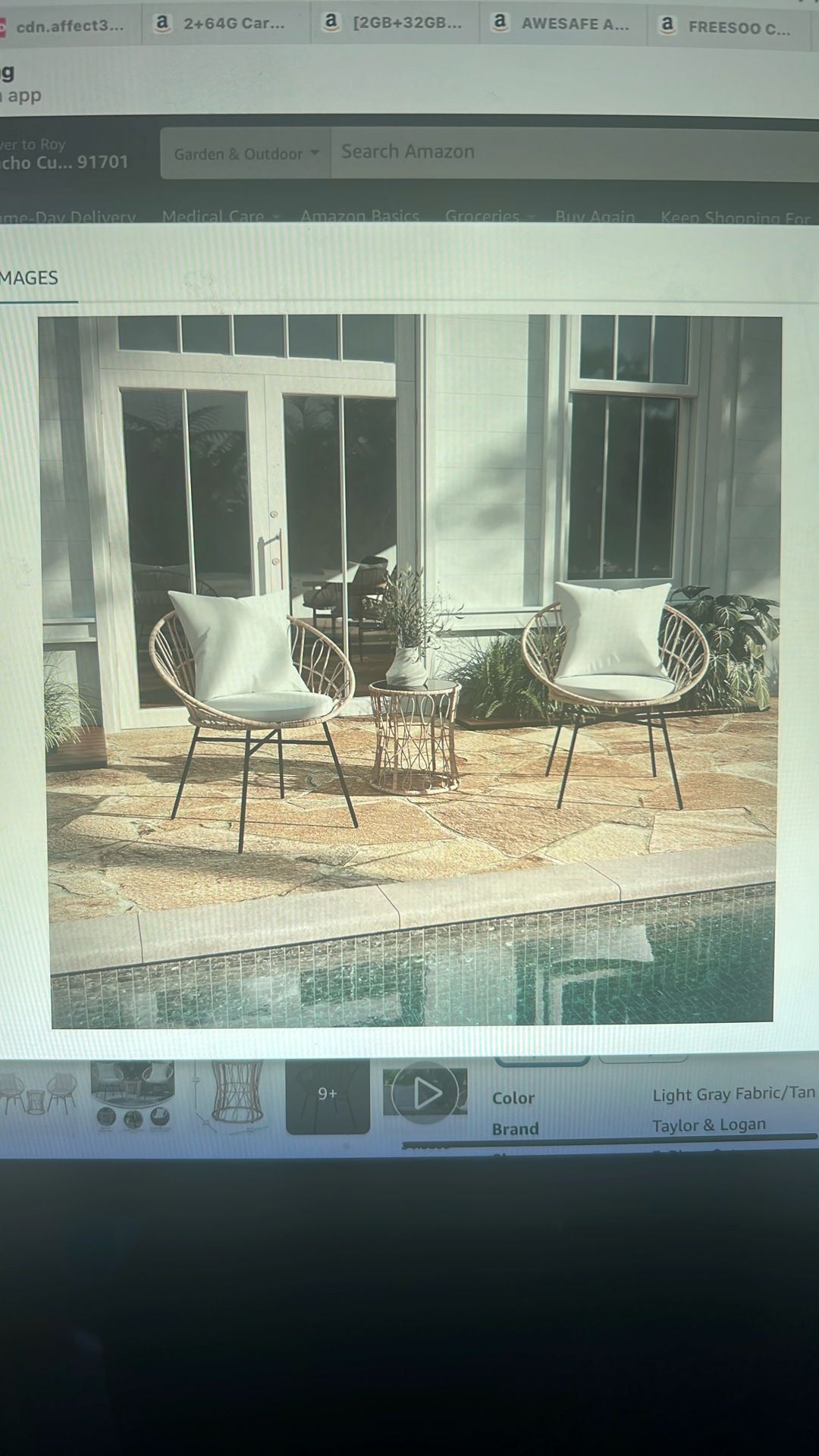 NEW 3-Piece Tan Bistro Set. w/Papasan Style Rattan Rope Chairs, Glass Top Side Table & Light Gray Cushions.