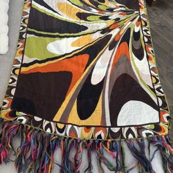 EMILIO PUCCI Sheer Multi Colored Abstract Design Wrap W/ Yarn Fringe