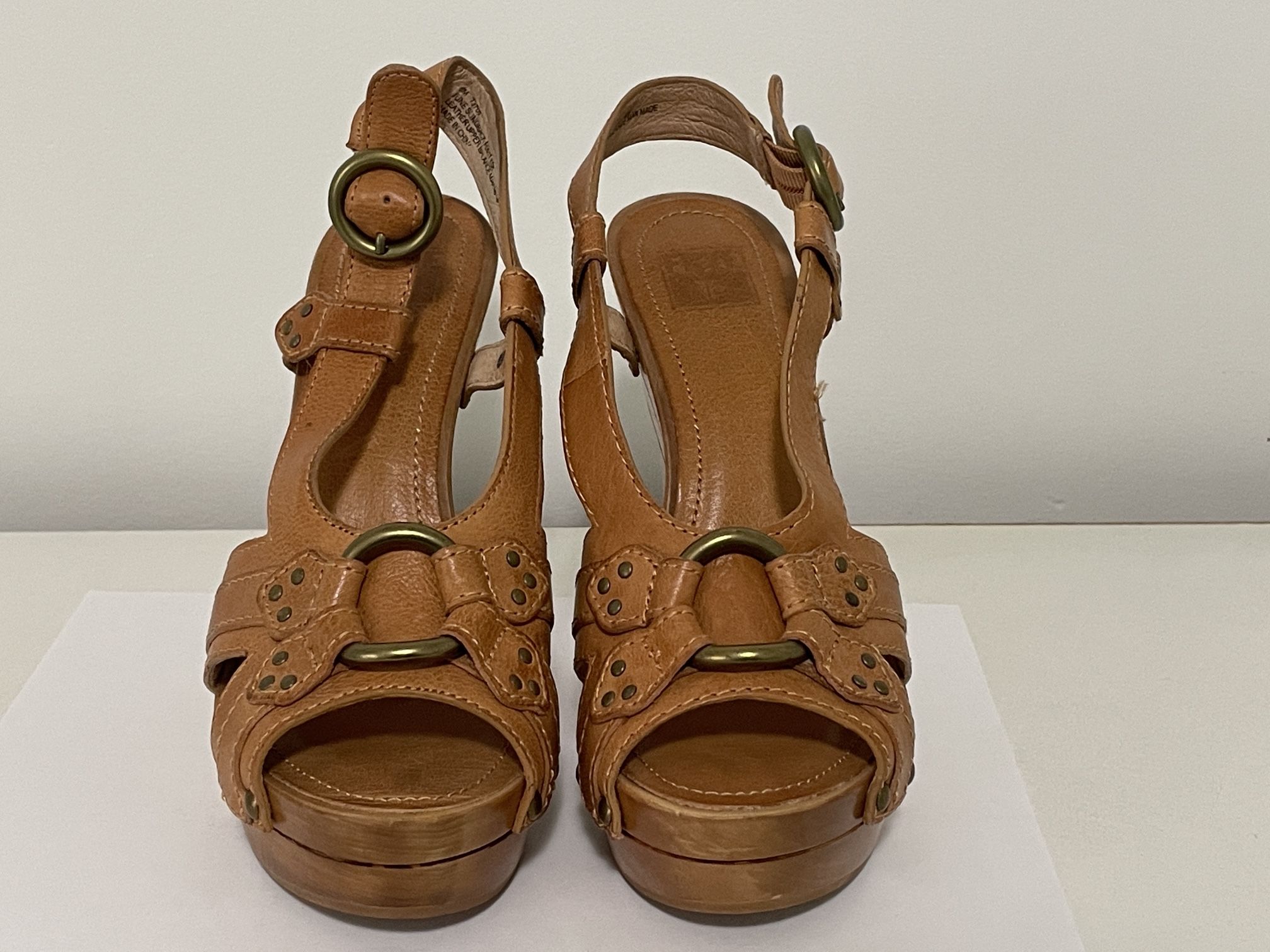 Frye Women’s June Slingback Brown Leather Wooden Wedge Sandals Size 8
