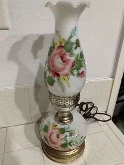 Vintage hand-painted milk glass rose hurricane table lamp.