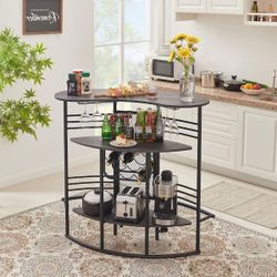 Home Bar Unit, Oval Bar Table with Wood Counter Top and Wine Rack Storage, Wine Bakers Rack for Dining Room, Gray