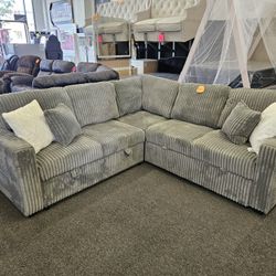 Brand New Sectional Pull Out Bed With Storage 2 Cup Holder & USB OUTLET CORDUROY FABRIC GREY $749