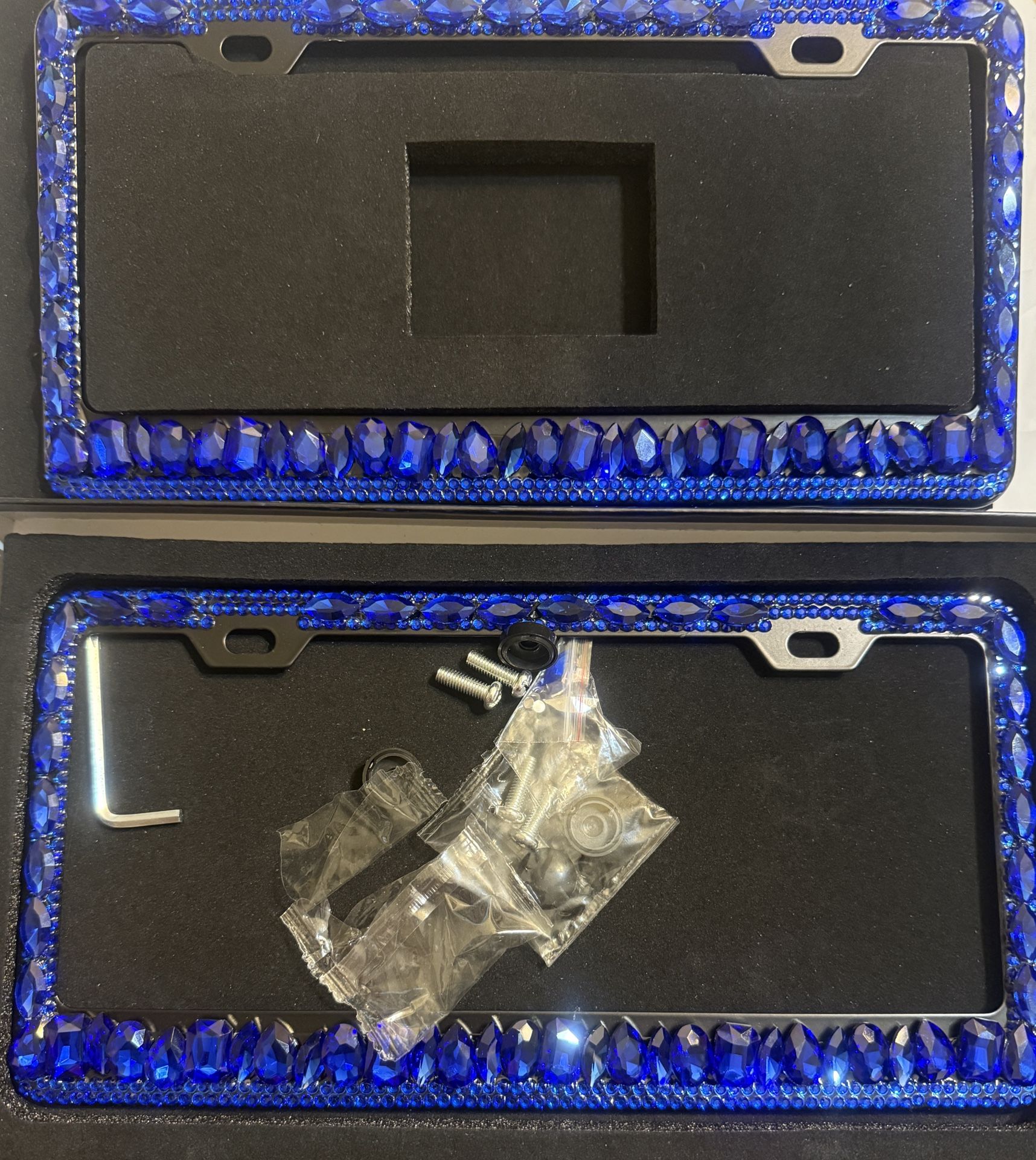 License Plate Frames, 2 Pack Bling, Blue Rhinestone Sparkly Diamond License Plate