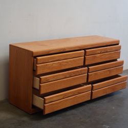 Vintage Oak 6 Drawer Low Dresser - Mid Century Modern Style Wooden Storage