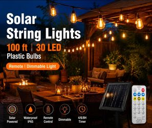 SOLAR 100 FT  STRING LIGHTS REMOTE. DIMMABLE LED PLASTIC BULBS  LIGHTS