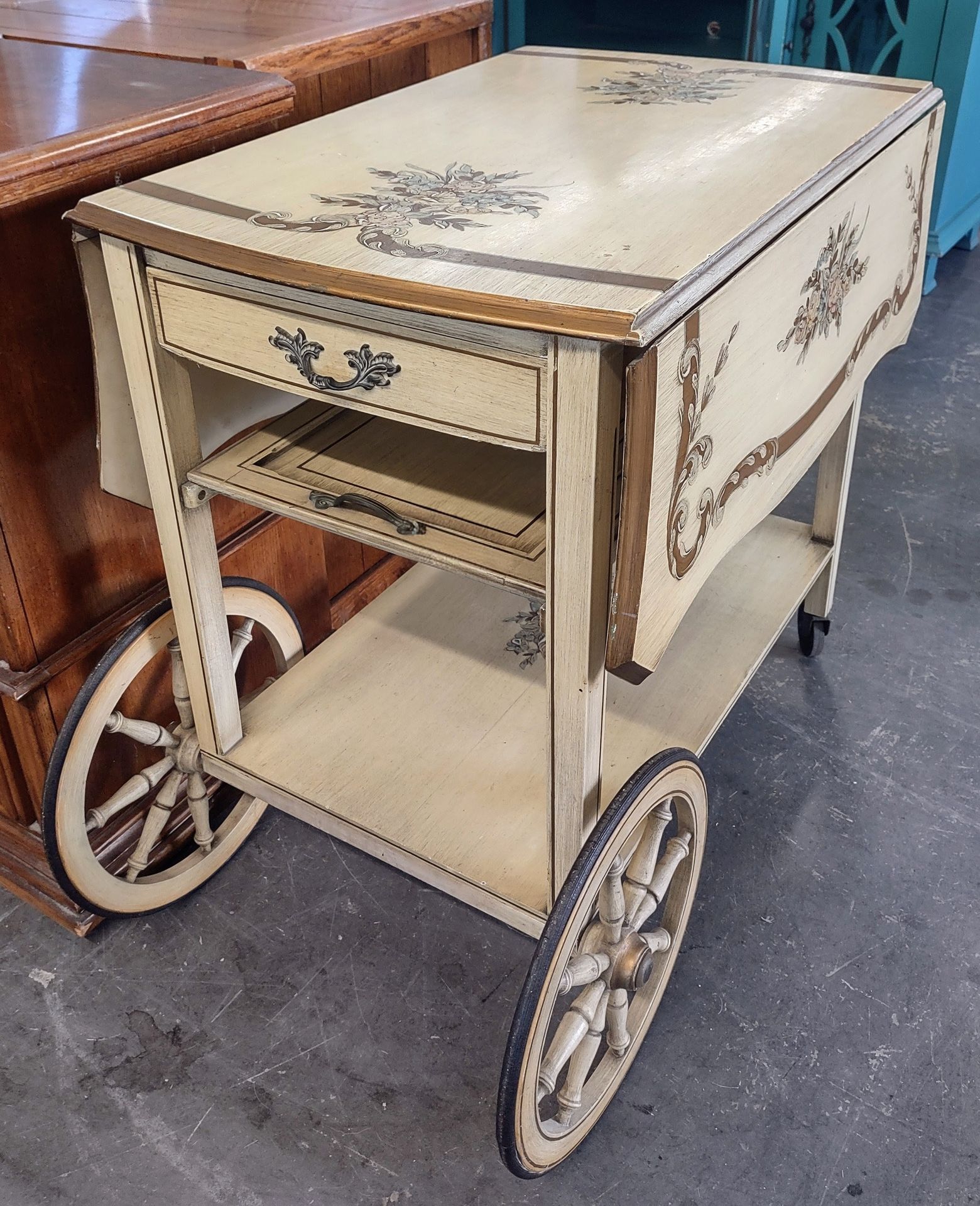 Antique Vintage French Country Provincial Rolling Serving Cart Hand Painted Drop Leaf