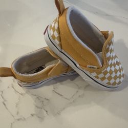 Toddler Kids checkered Vans Slip Ons Velcro Size 7 Child Sneakers Mustard Color 