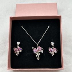 Sterling Silver S925 Necklace Pink Star Bow Heart Earrings Set