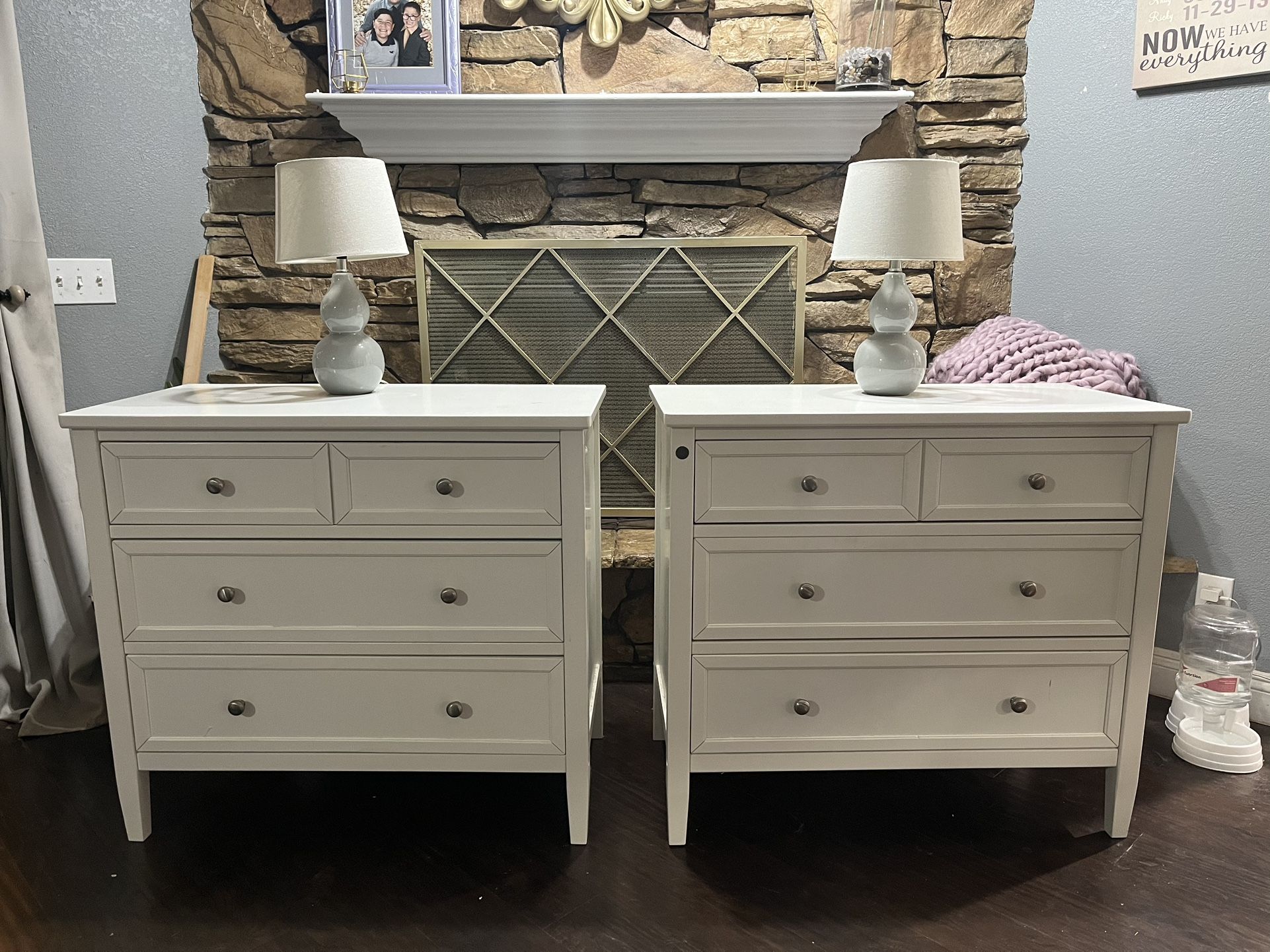 Two White Wooden Dressers Nightstands With Grey Ceramic Lamps