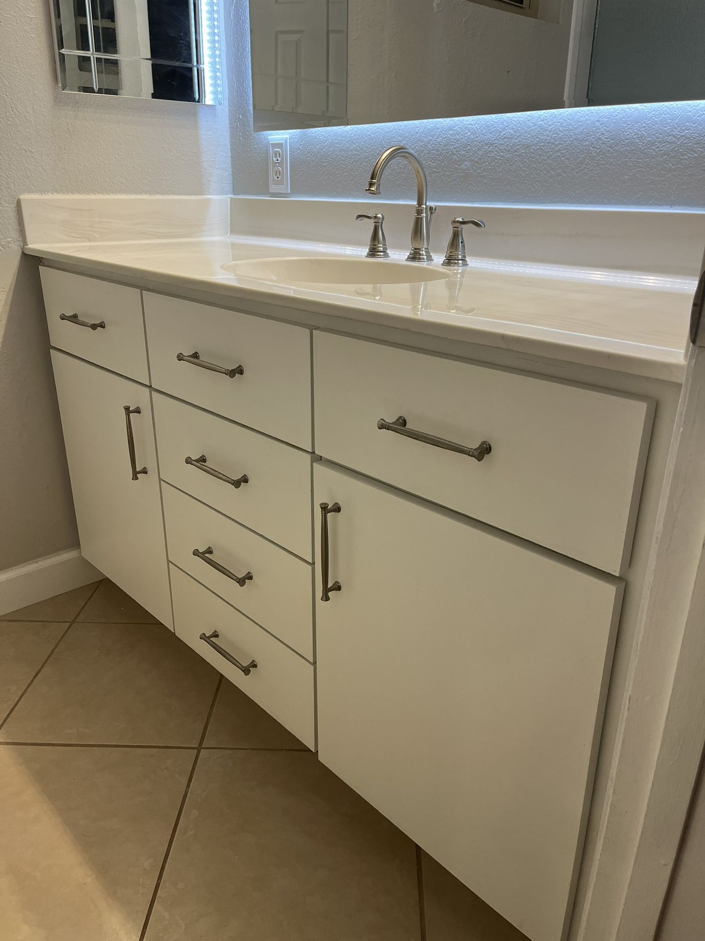 White Bathroom Vanity, 58 1/4  X 22” X 34 1/4- 6 drawers/2 doors. 