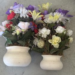 2 Matching Clay Flower Vases 
