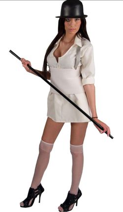 New Halloween Female Clockwork Orange costume
Adult Size Standard (8-12)
Contains 1 Piece costume dress
Costume bustier
&
Suspenders
NO HAT!
$60 p