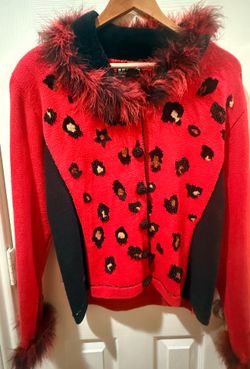 Vintage Red Leopard Print Cardigan Sweater With Faux Fur Collar & Cuffs By Takako Sakon L