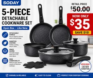 Nonstick Cookware Set w/ Detachable Handle – Open Box