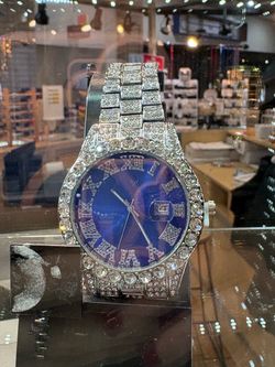 Iced Out Silver-Tone Watch Blue Dial