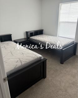 2 Twin Solid Wood Beds With Mattresses + Nightstand $900