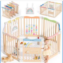 New Sealed-Foldable Wooden Playpen - Adjustable Wood Baby Play Yard Without Door, Indoor Large Safety Fence for Babies and Toddlers - Easy Assembly, 8