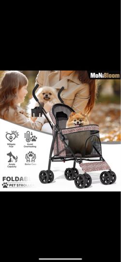 MoNiBloom 4 Wheel Foldable Lightweight Pet Stroller Trolley for Cats & Dogs, Leopard Print 😍❗️