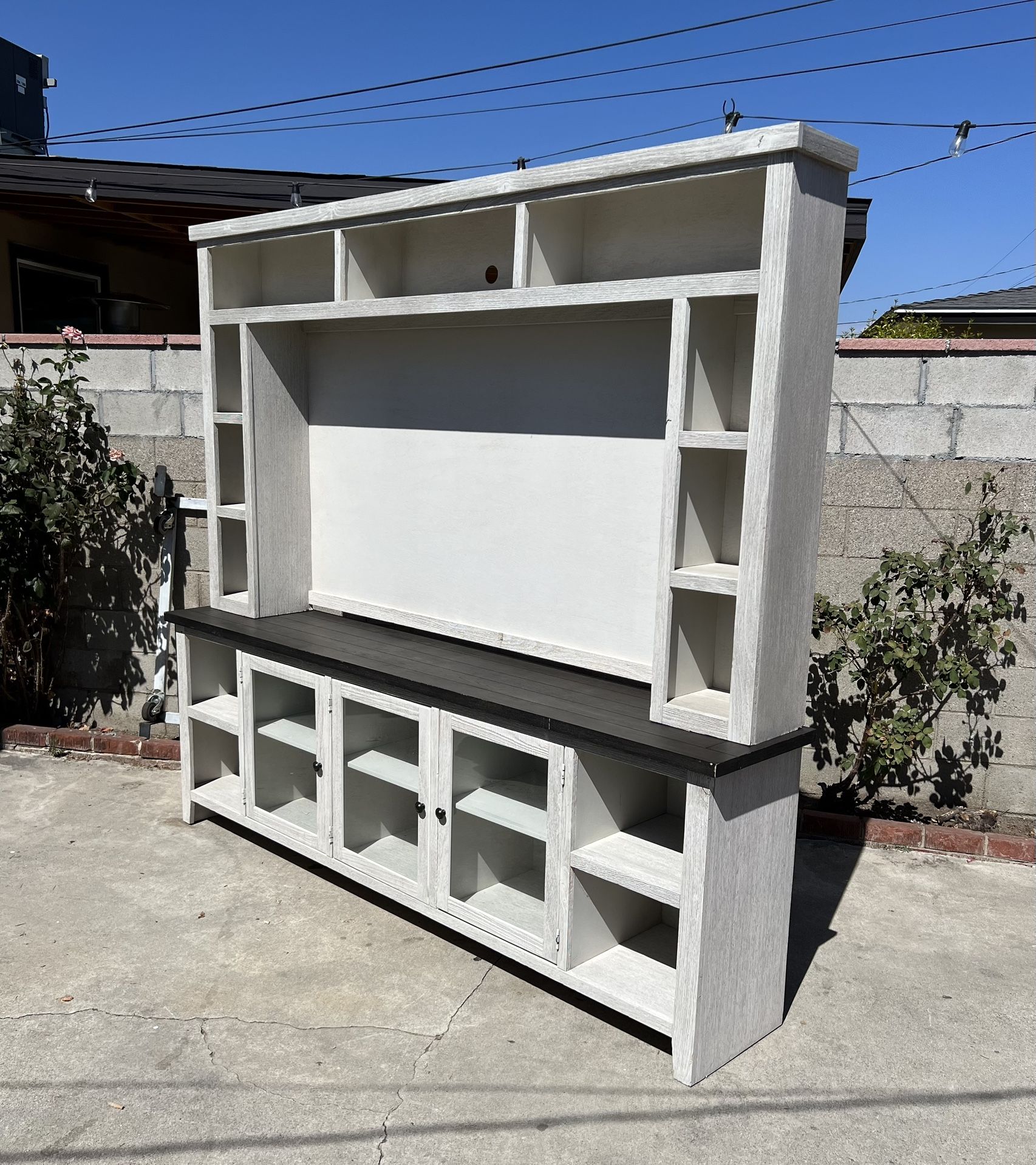 Whitewash Farmhouse Entertainment Center Tv Stand Console Cabinet Hutch