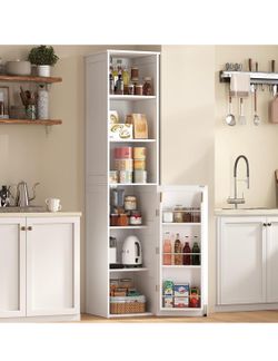 Brand New ChooChoo Narrow Kitchen Pantry Storage Cabinet, Slim Storage Cabinet with Adjustable Shelves and Open Shelves, Tall Freestanding Pantry Cabi