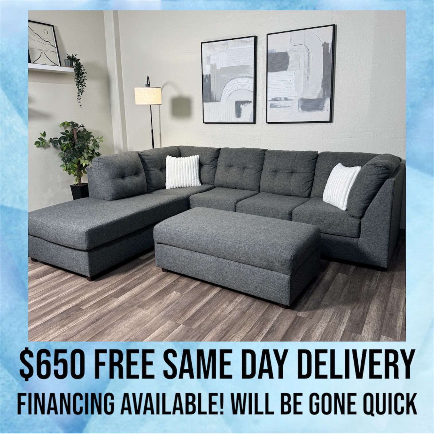 FREE DELIVERY Gray Sectional Couch Sofa With Ottoman Storage Grey
