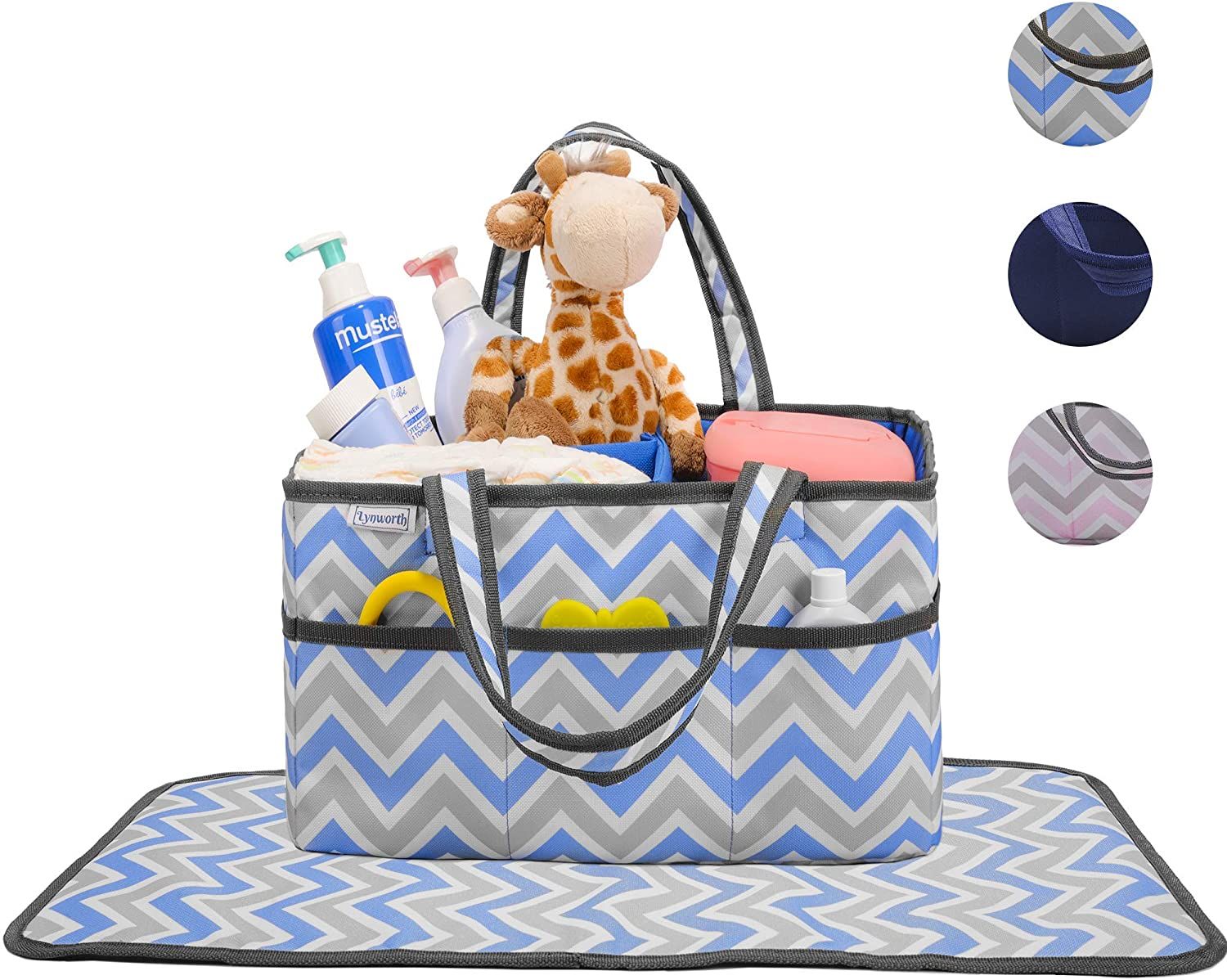 Diaper Caddy, Nursery Organizer: Blue and Grey Chevron, Best Portable Washable Diaper Caddy Organizer with Large Storage Space. Free Changing Pad (Blu