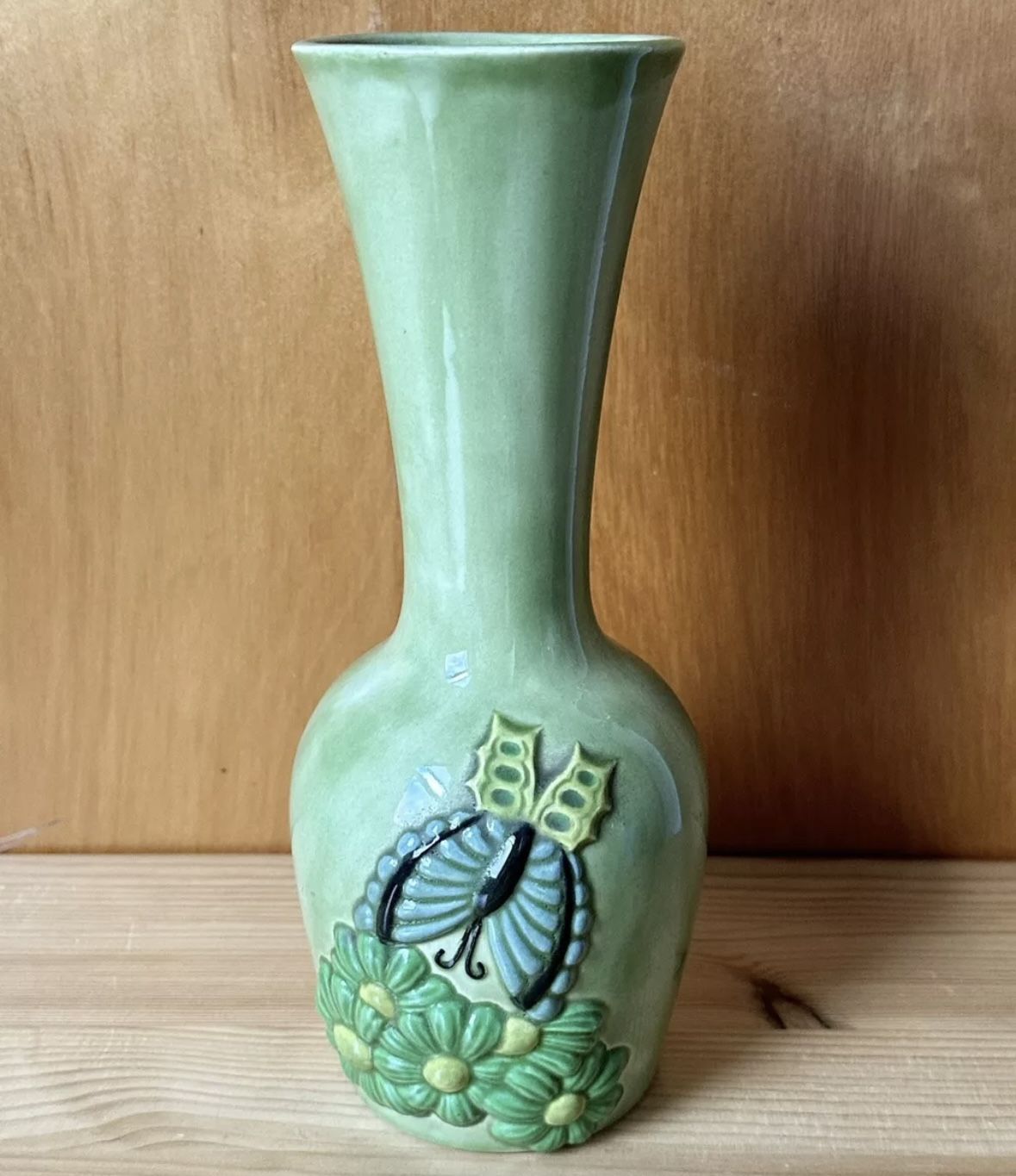 Vintage Hand Painted Green Ceramic Raised Flowers & Butterfly 8.5” Tall Vase