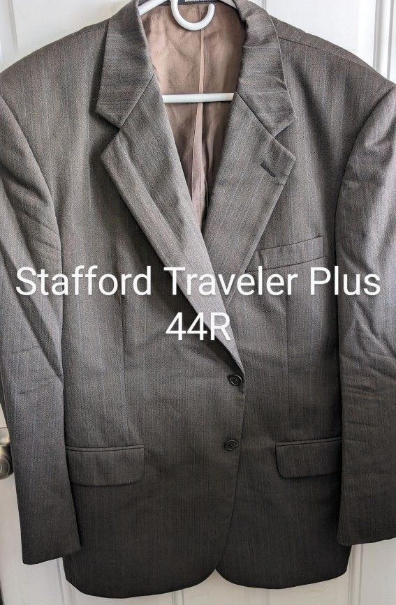 New Mens Stafford Traveler Plus 44R, P42, Suit Coat Jacket, Fitted Brown Pinstripe, Winter 99% Wool, 1% Lycra Spandex