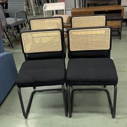 Rattan Dining Chairs 4pcs, Velvet Accent Chairs with Natural Cane Back & Stainless Chrome Base, Modern Mid Century Breuer Designed Chairs, Upholstered