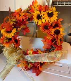 Fall Harvest Sunflower Wreath with Gold Ribbon