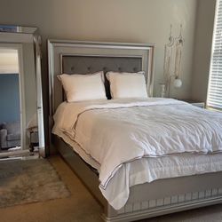 Paris silver bed with frame $350 Two Nightstands for $350 - each $175 vanity dresser $450